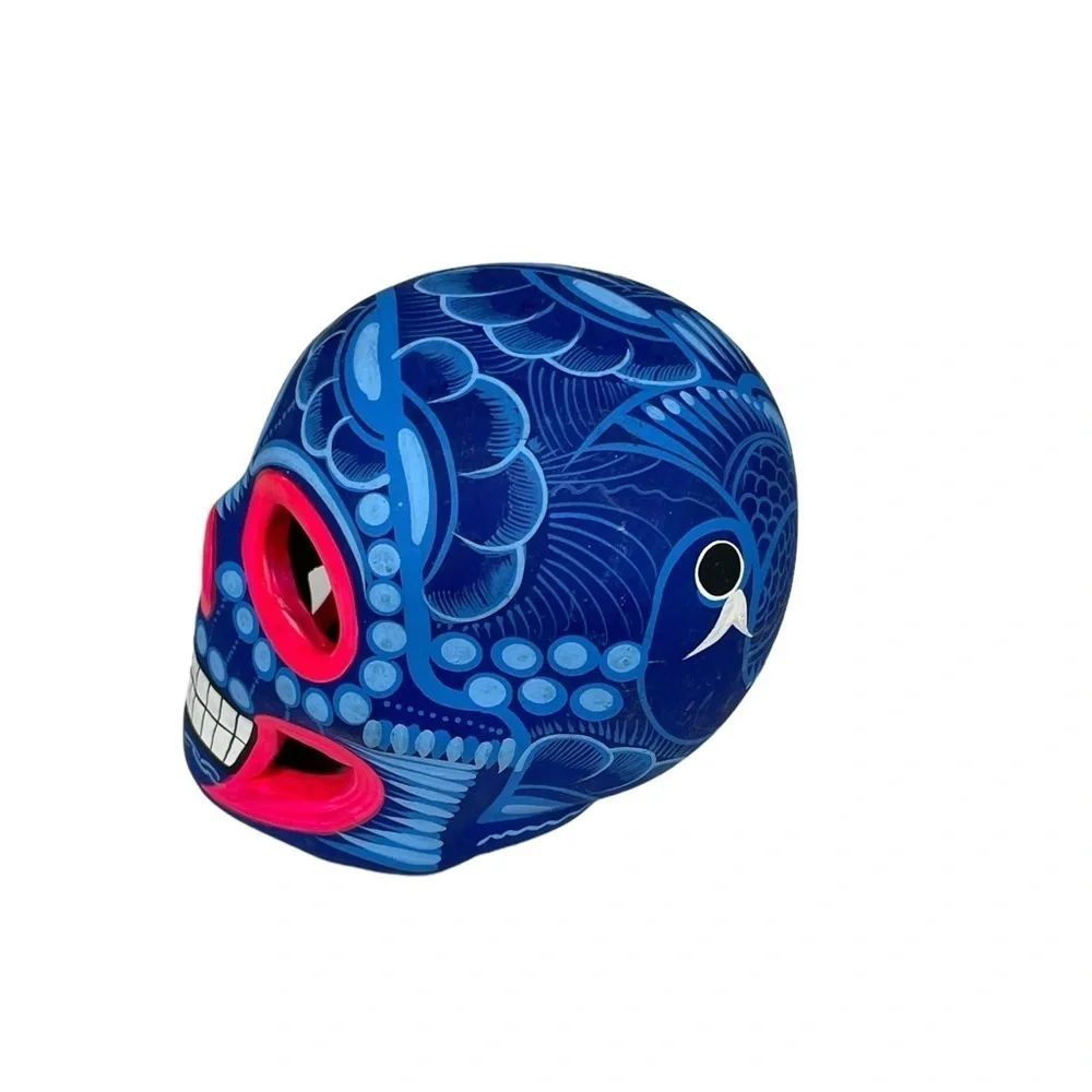 Mexican Clay Skull Hand painted Blue New